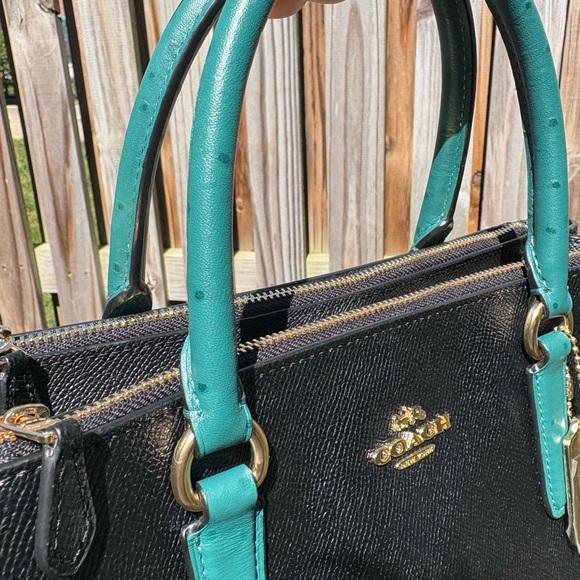Coach Surrey Carryall Black Satchel w/ Ostrich Embossed Teal Leather Handles - Picture 5 of 15